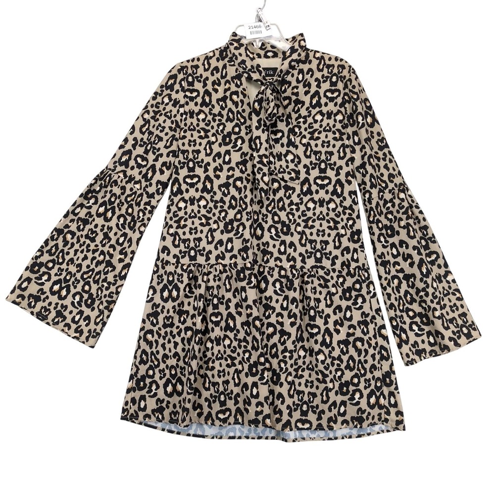 Fab'rik Animal Print Shift Dress Sz M Tiered Keyhole Tie-Neck Retro Mob Wife Mod